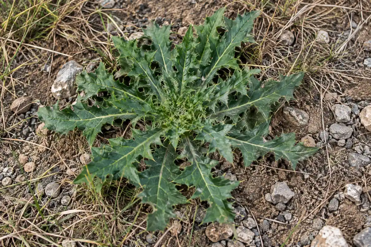 Young bull thistle rosette with dark green spiny lobed leaves growing from dry soil