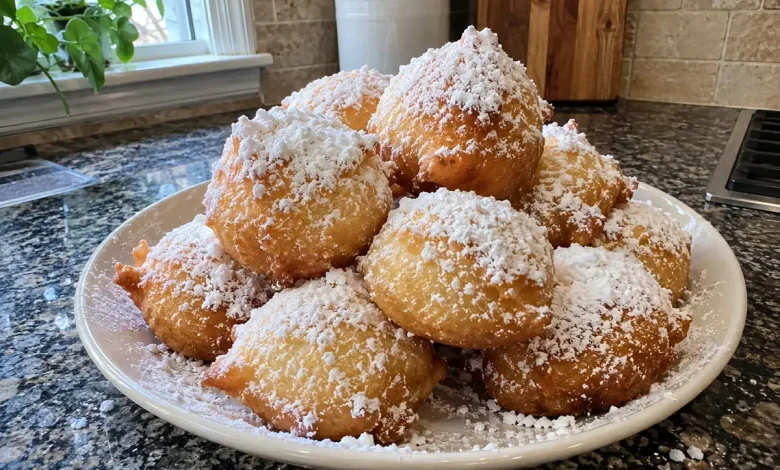 Pile of golden zeppole heavily dusted with powdered sugar on a pale plate on a granite kitchen counter
