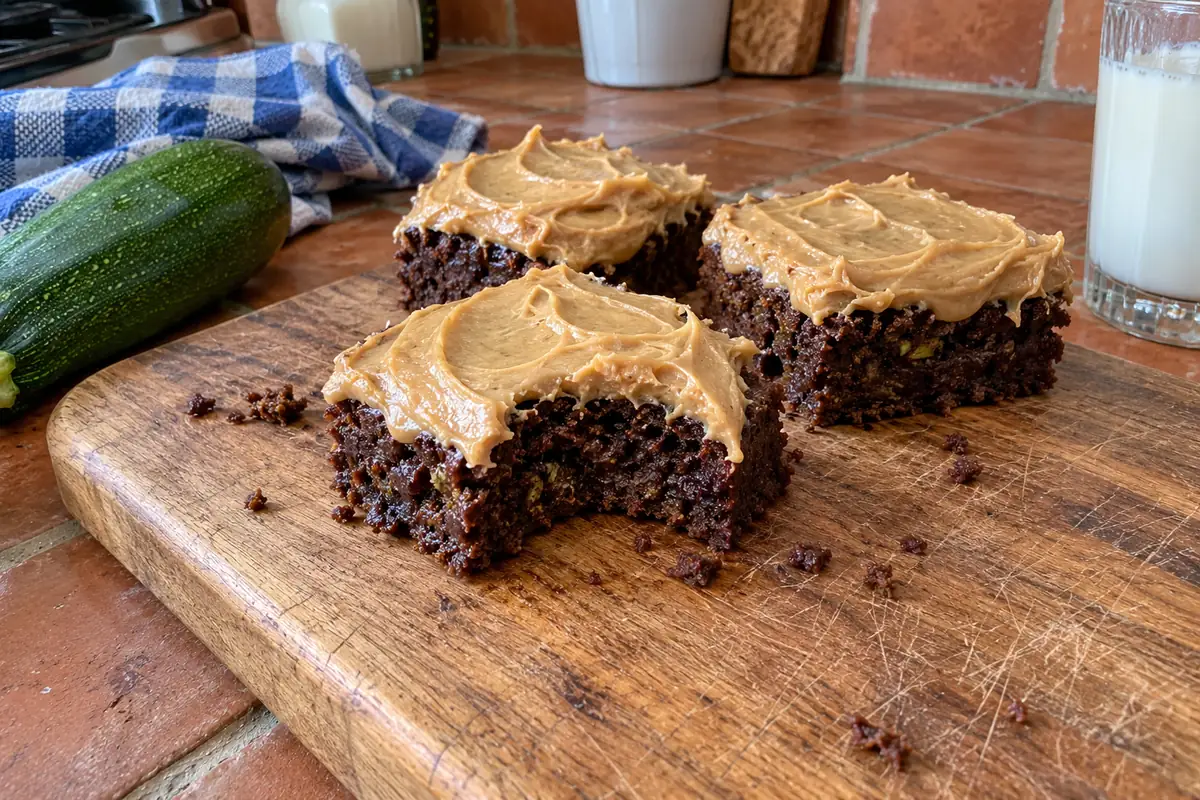 A chocolate peanut butter zucchini brownie square showing a fudgy center under a layer of peanut butter frosting